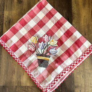 Vintage Table Cloth,  Red White Tablecloth Vintage Table Linen Square Tablecloth